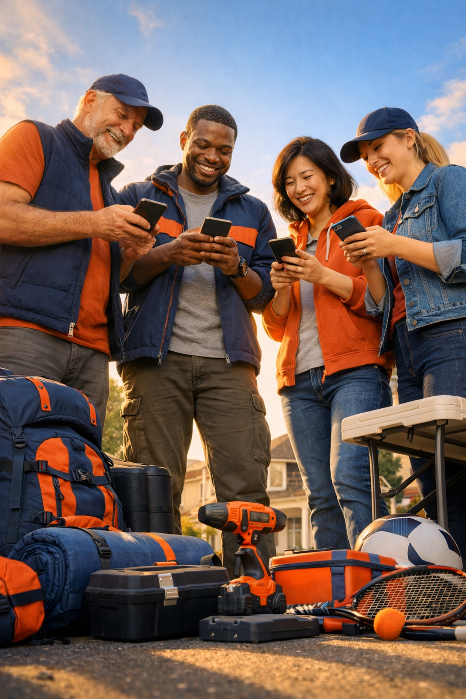 Group of neighbors sharing rental equipment in community street with smartphones