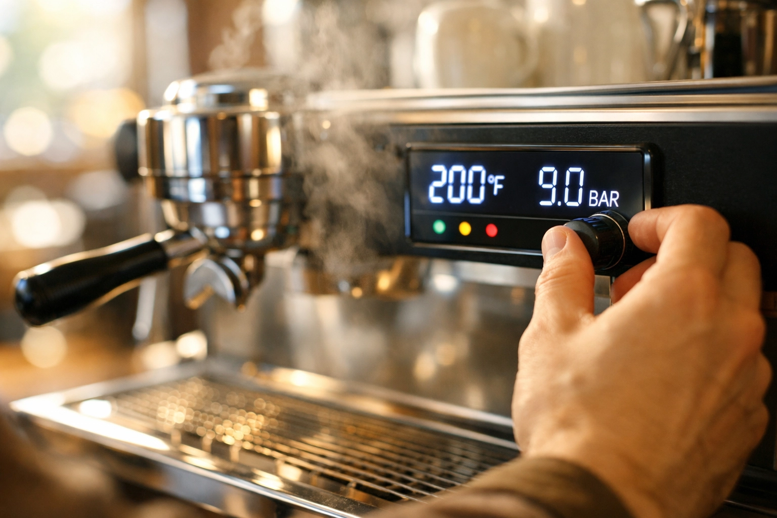 Barista adjusting PID temperature controller on commercial espresso machine