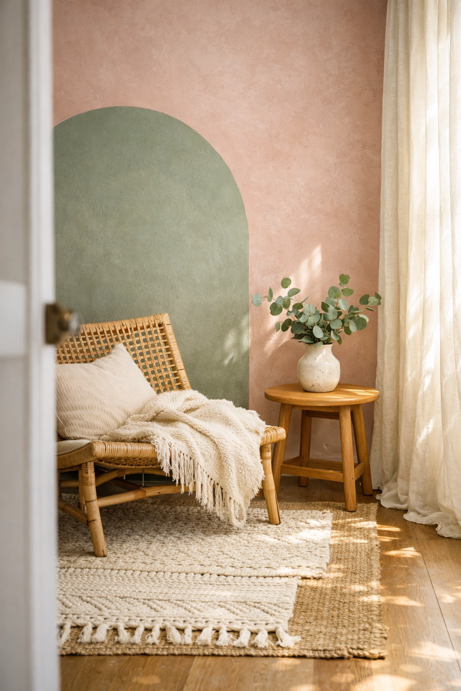 Boho living room featuring 2026 color trends: dusky pink walls and warm eucalyptus painted arch.