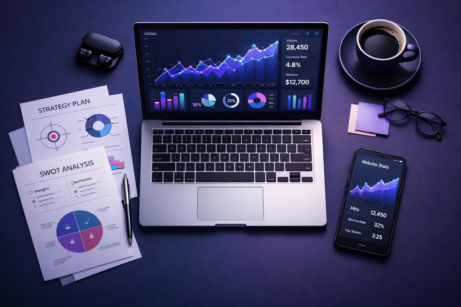 Website analytics dashboard showing business metrics and conversion data for small business