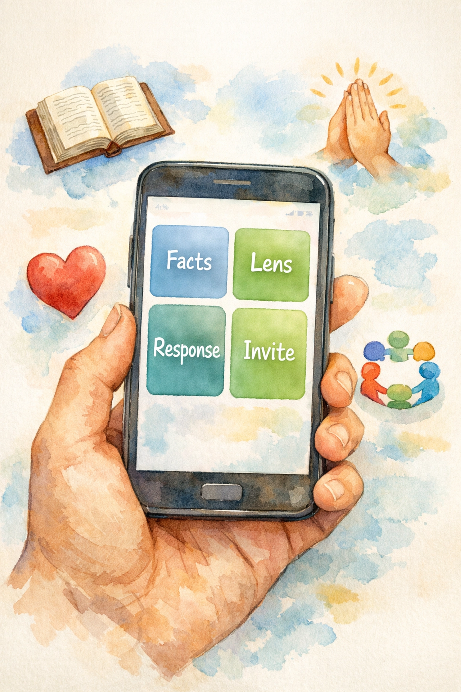 Smartphone displaying biblical news framework with Facts, Lens, Response, and Invite sections