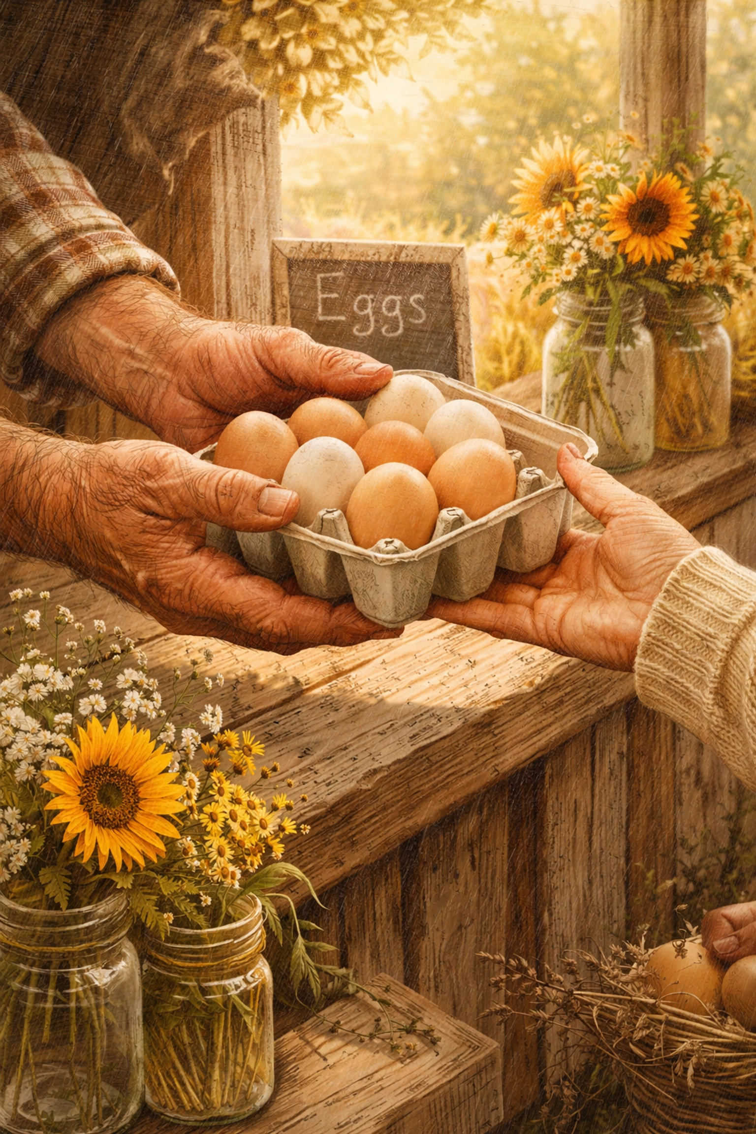 Farmer and customer exchanging a carton of farm-fresh eggs at a rustic stand, symbolizing local food trust