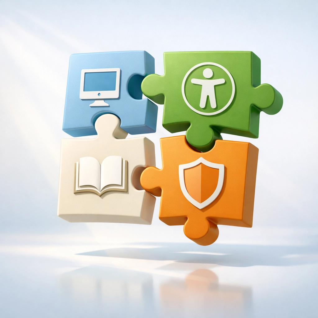 Interconnected puzzle pieces representing school departments aligning AI policies and governance