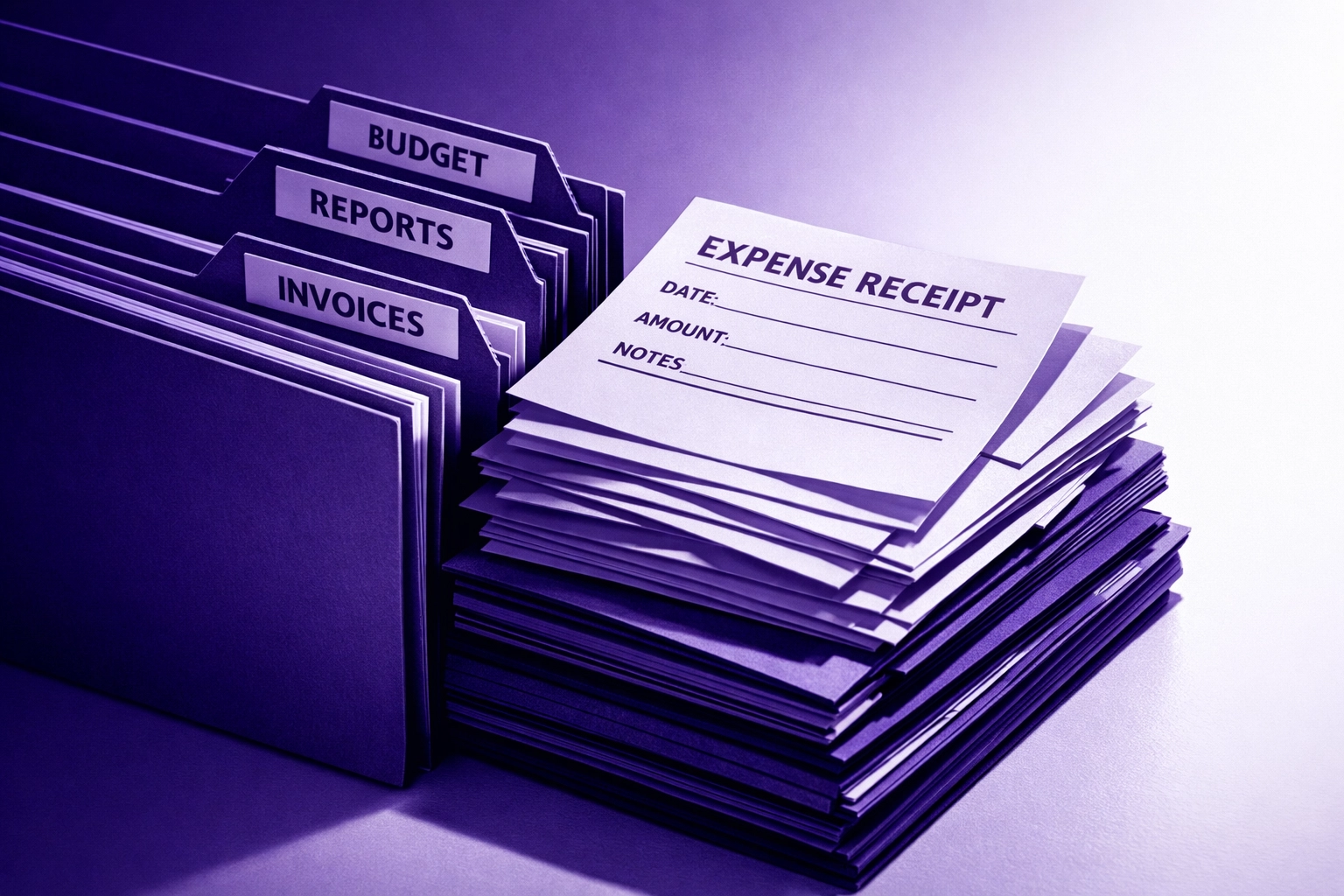 Organized expense receipts and folders for accurate startup bookkeeping