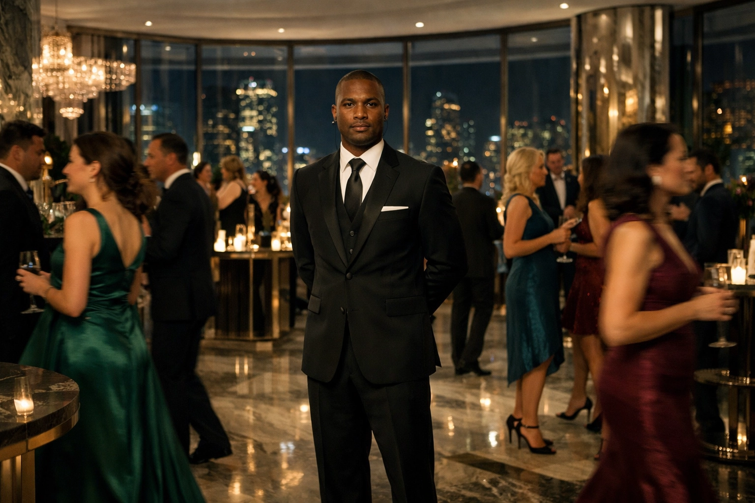 Expert event manager supervising a sophisticated urban gala to ensure seamless luxury hospitality.