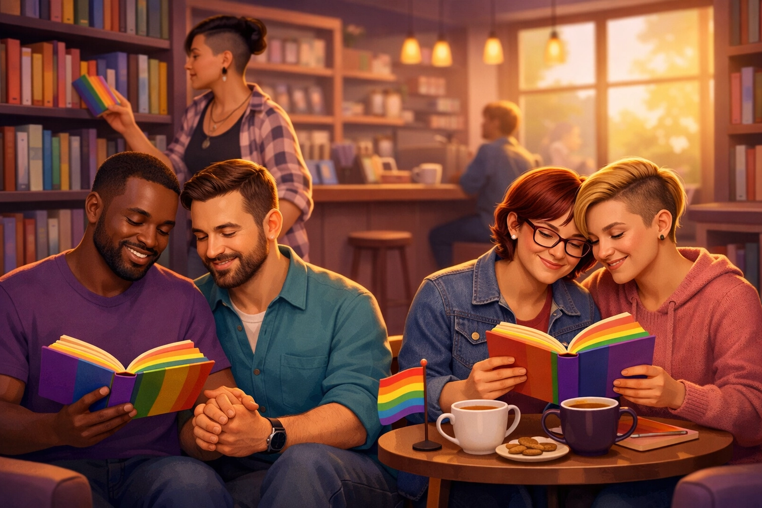 Diverse LGBTQ+ readers enjoying gay romance and queer fiction in a welcoming bookstore cafe