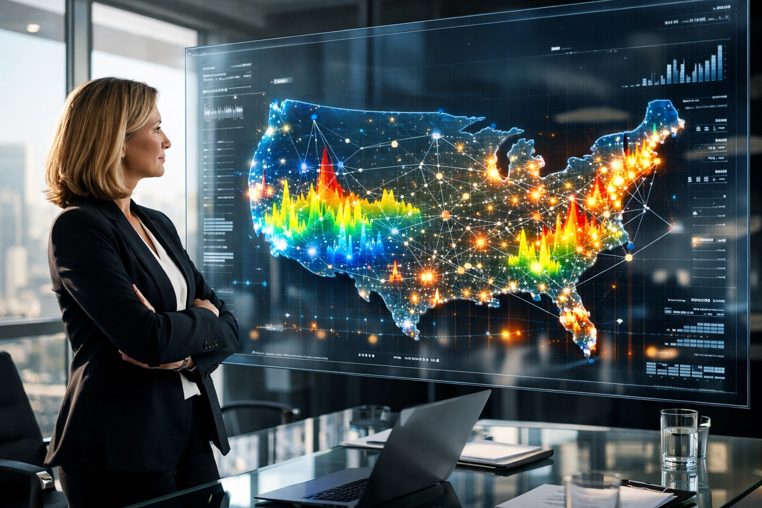 An executive analyzing a data-driven map for career infrastructure deployment and workforce ROI.