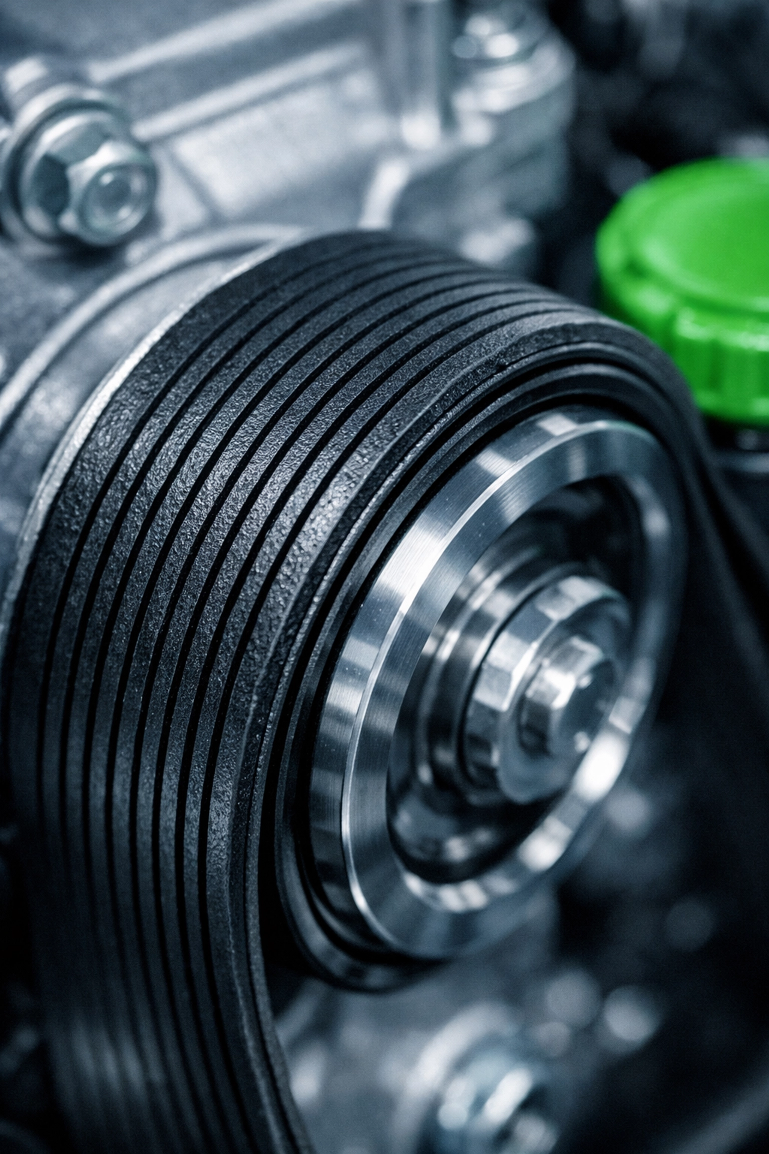 Detailed view of a car serpentine belt and engine pulley during a routine AC system inspection.