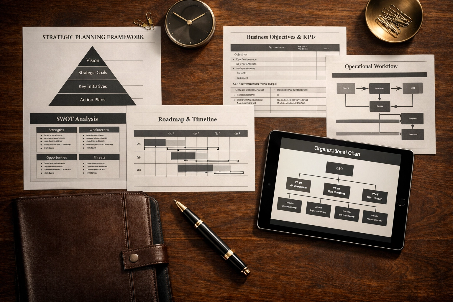 Executive workspace with strategic planning documents and leadership framework organization charts Executive workspace with strategic planning documents and leadership framework organization charts