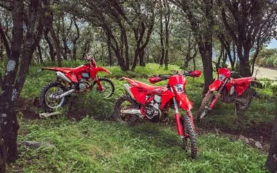 The Ultimate Guide to Off-Road Vehicles in Reno: Everything You Need for Tahoe Trails 4 Three red off-road motorcycles parked on a grassy trail, showcasing the variety of dirt bikes available for rugged outdoor adventures.