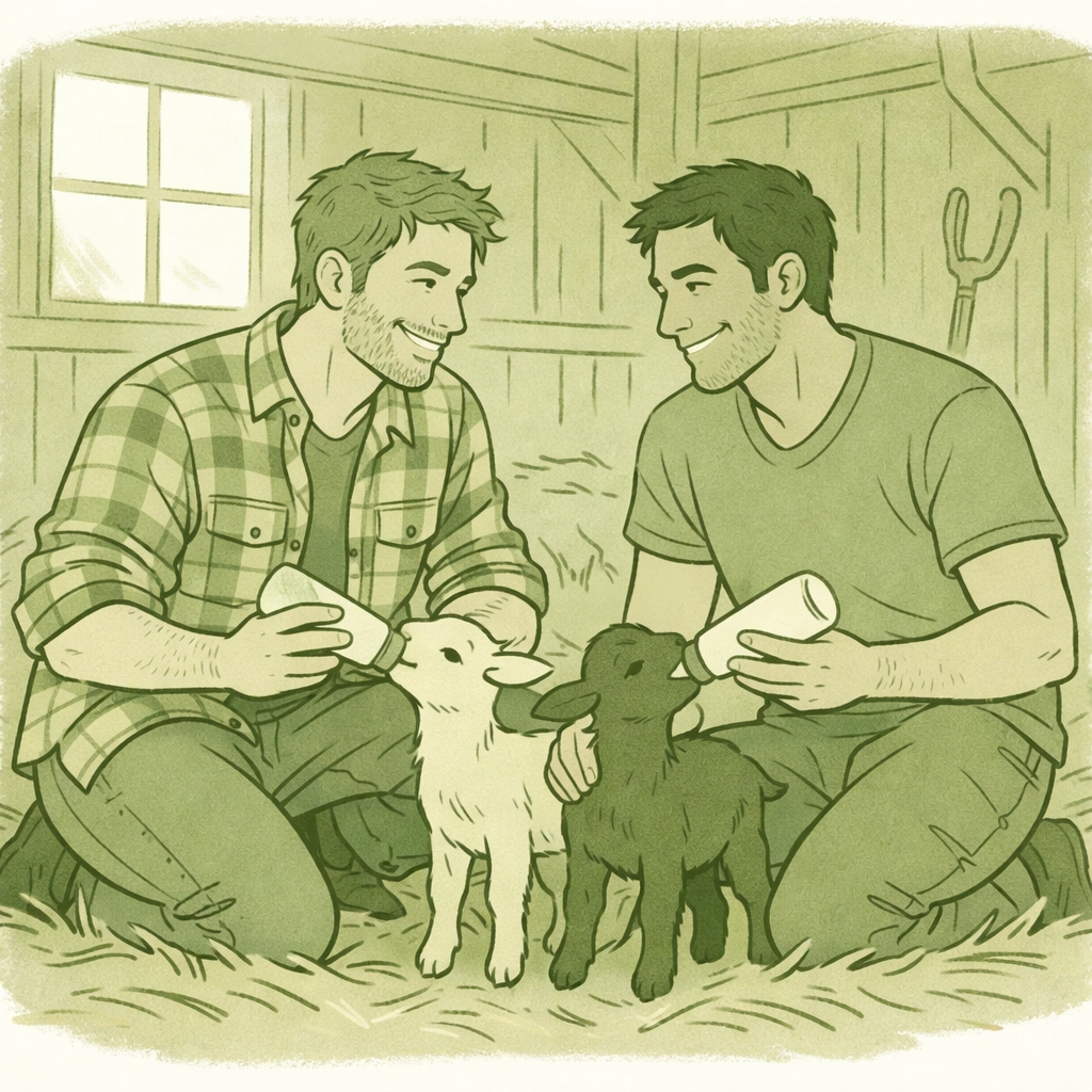 Gay couple volunteers bottle-feeding baby goats at rural rescue barn, building LGBTQ+ community connection