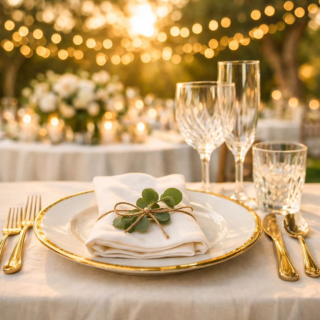 A beautifully set wedding reception table at a garden venue illustrating precise guest count management.