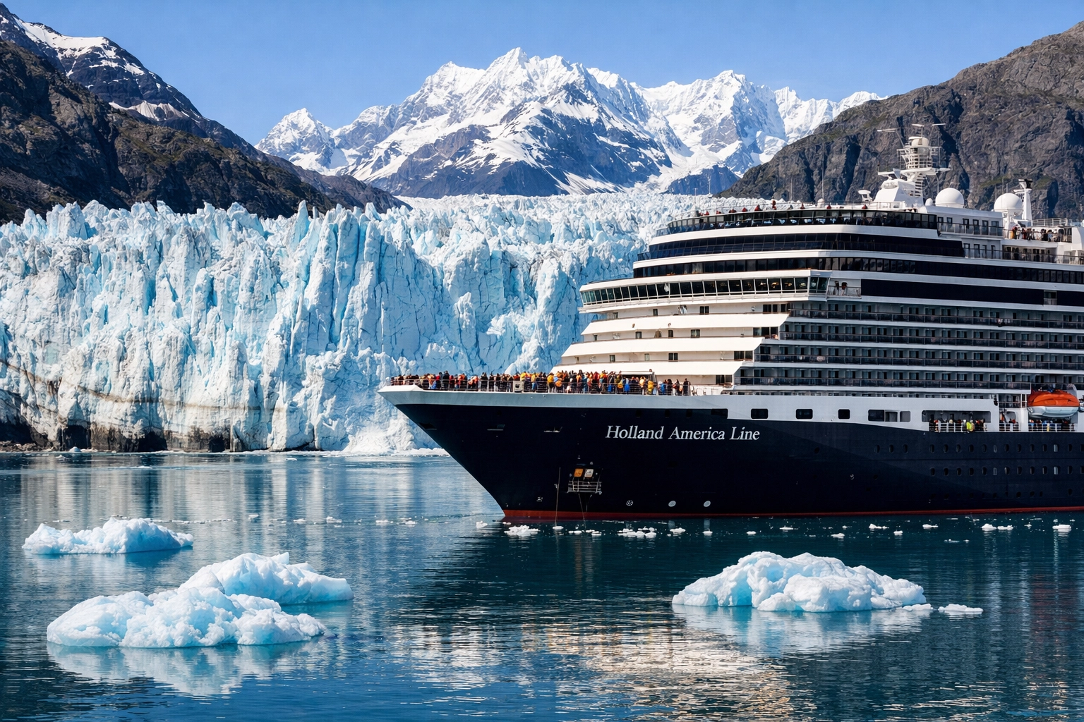 Holland America cruise ship sailing past the massive Margerie Glacier in Glacier Bay National Park, Alaska.