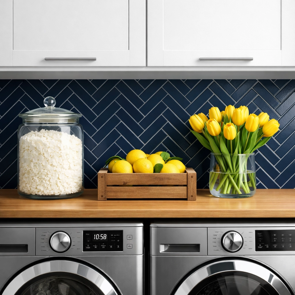 Sleek modern laundry room featuring fresh lemons and organized cleaning supplies.