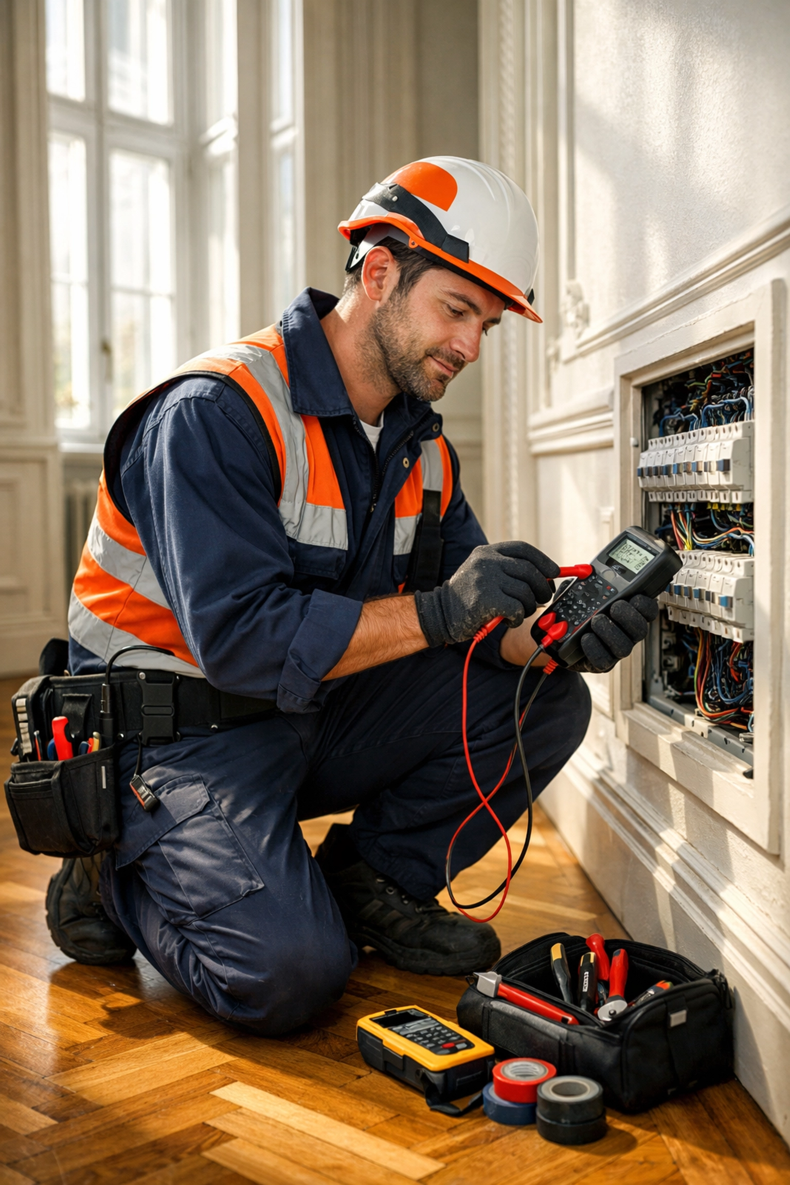 Elektriker 1010 Wien bei der Arbeit in Wiener Altbau-Wohnung mit Elektropanel