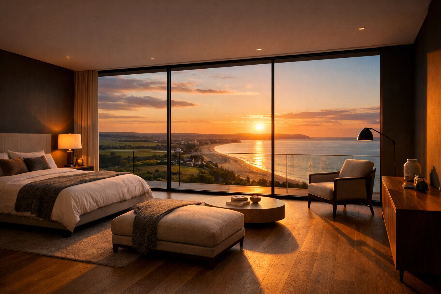 Modern second-floor master suite in a West Sussex bungalow transformation with coastal views.