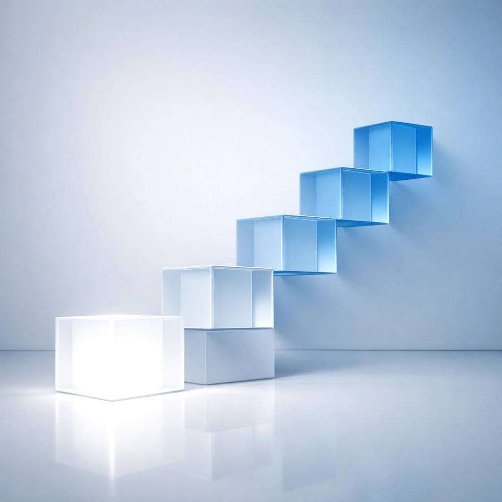 A staircase of digital cubes representing the phased scaling of business process automation projects.
