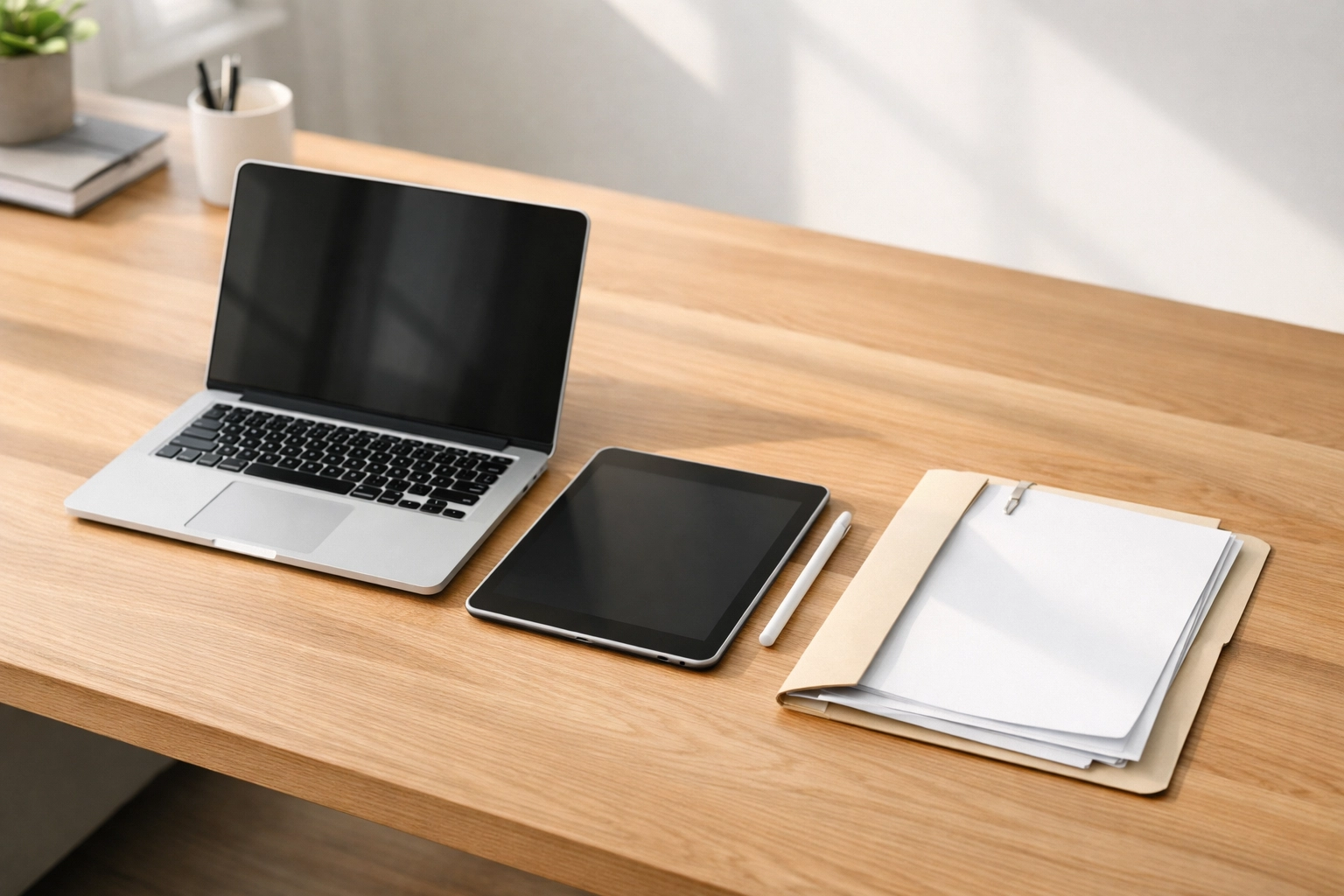 Minimalist office desk with laptop and tablet showing a streamlined digital workflow for ERO tax professionals.