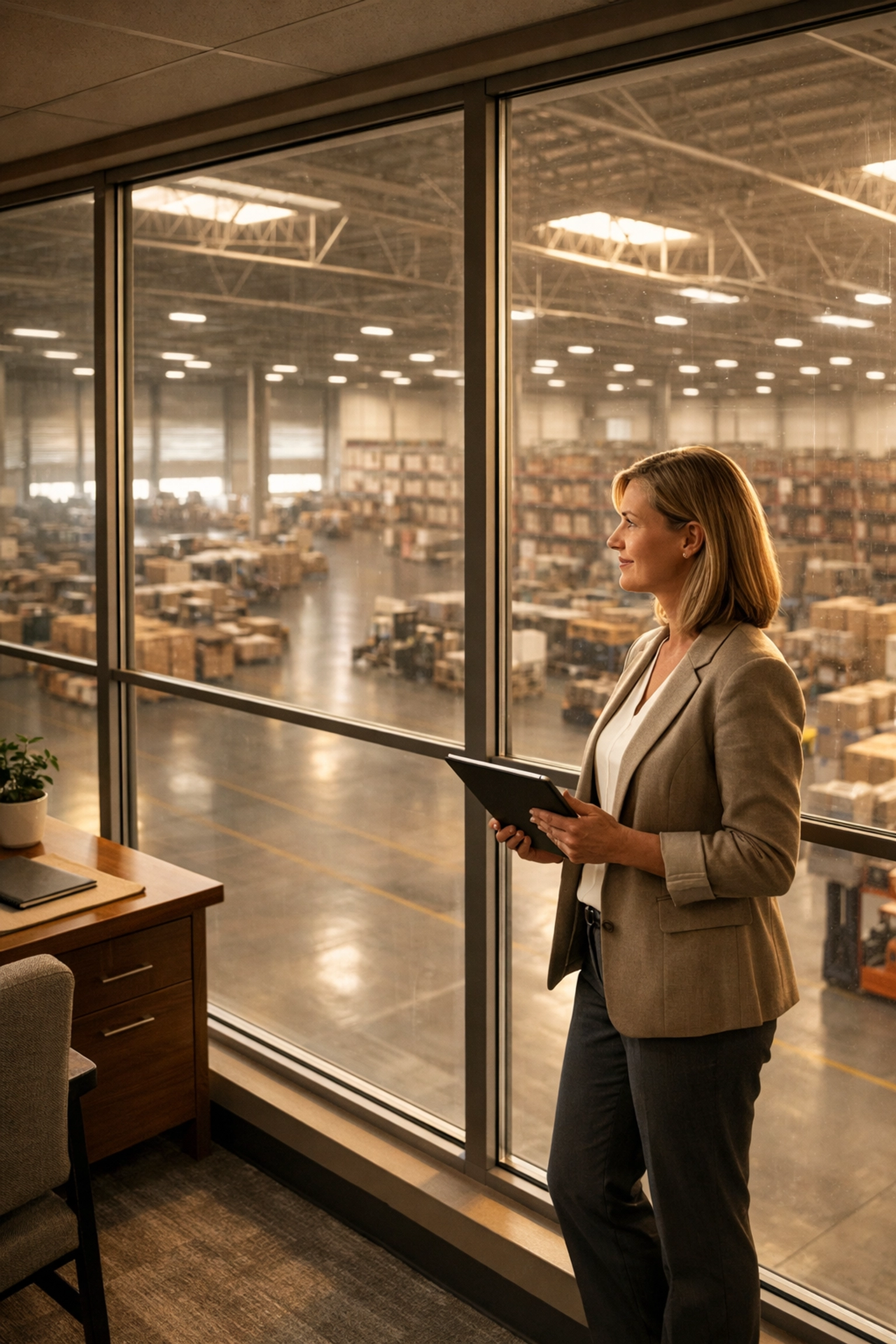 HR Director planning warehouse staffing strategy overlooking an Indianapolis distribution center.