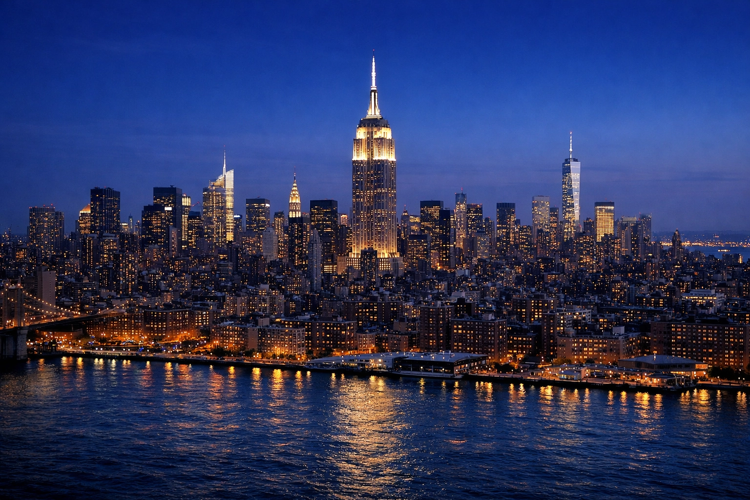 Manhattan skyline at blue hour featuring the Empire State Building, highlighting iconic New York City photography locations.