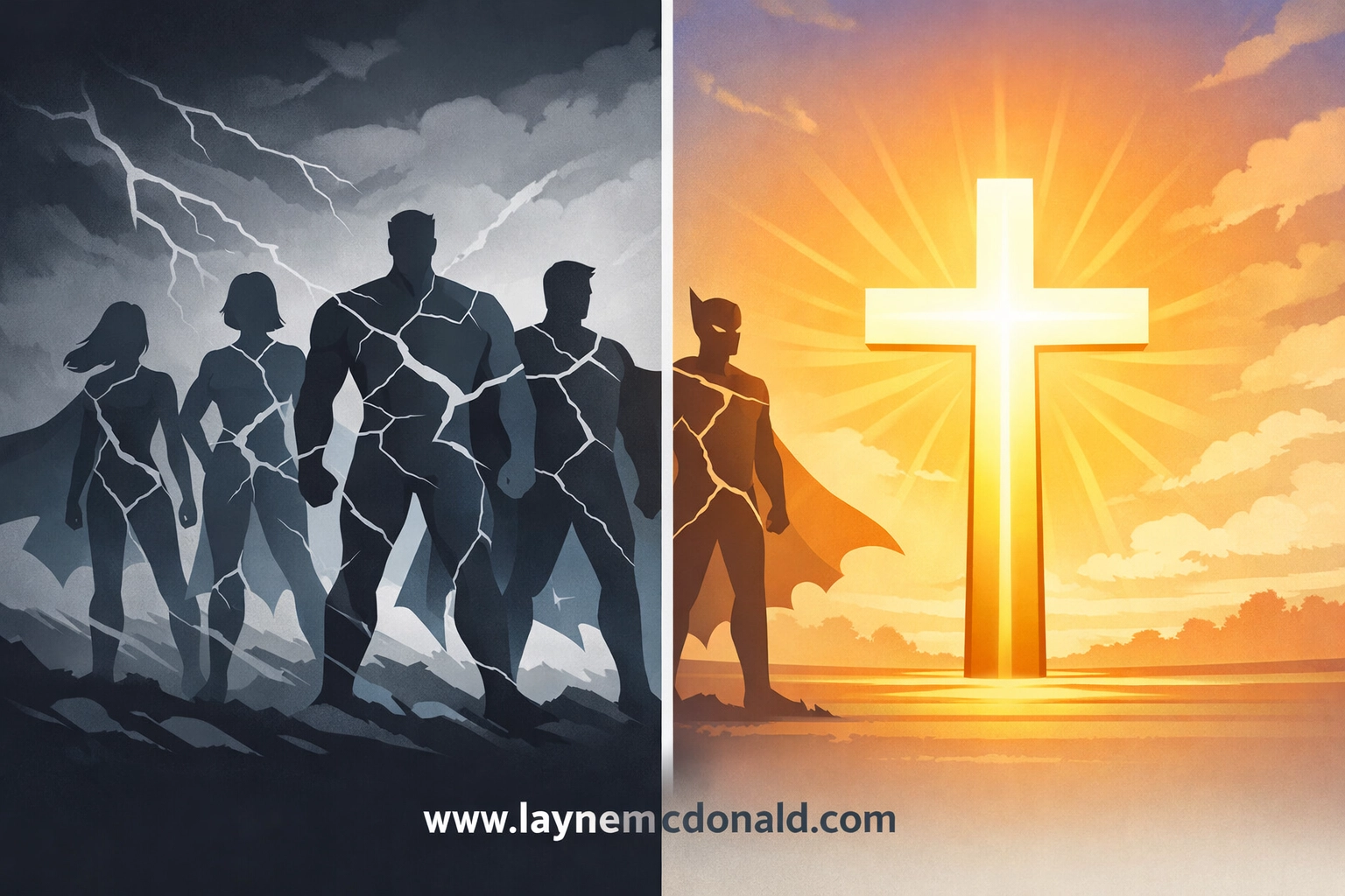 Broken superhero team contrasted with glowing cross showing true savior Jesus Christ