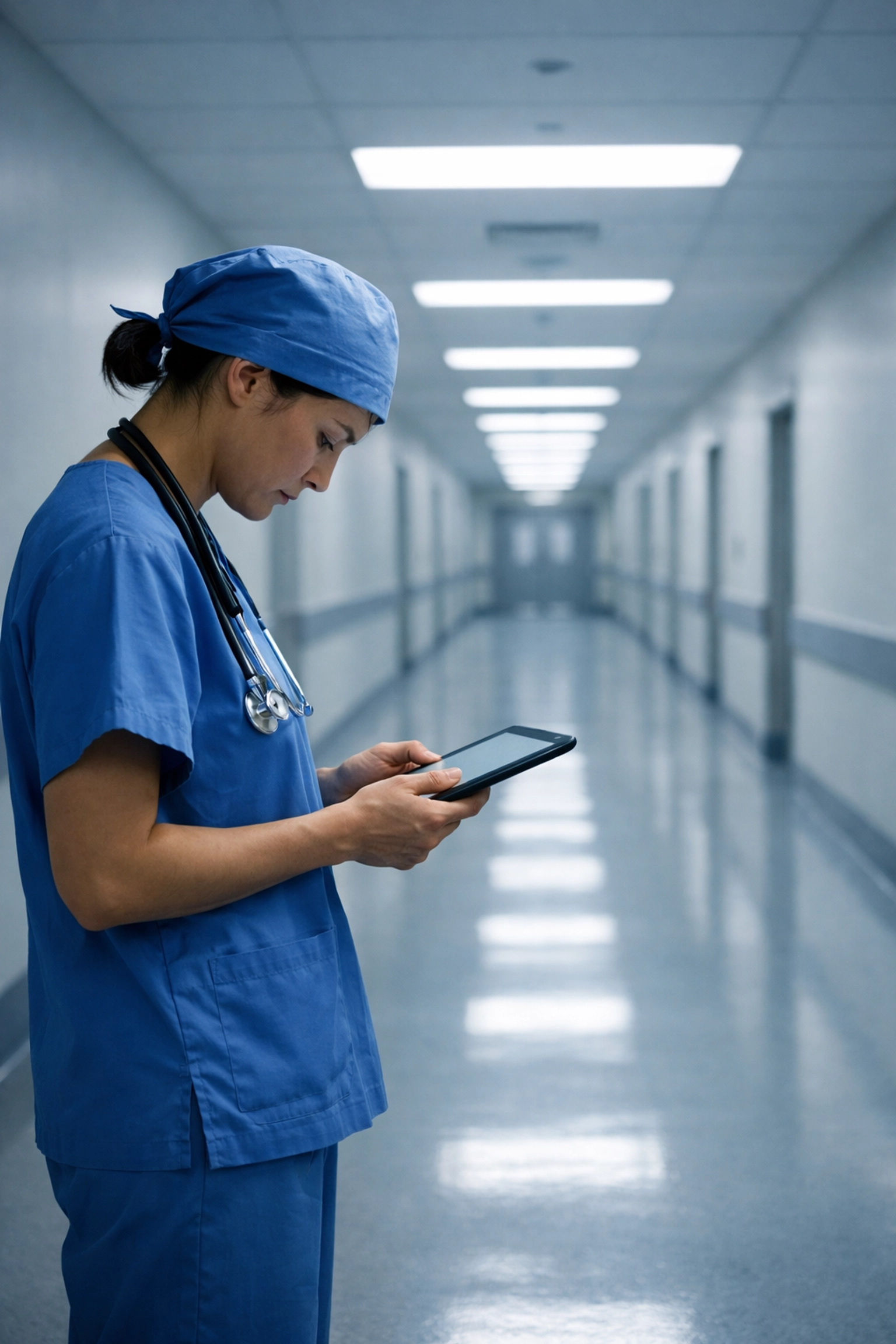 Healthcare worker in a hospital corridor, illustrating the administrative pressure of Medicare Advantage metrics.