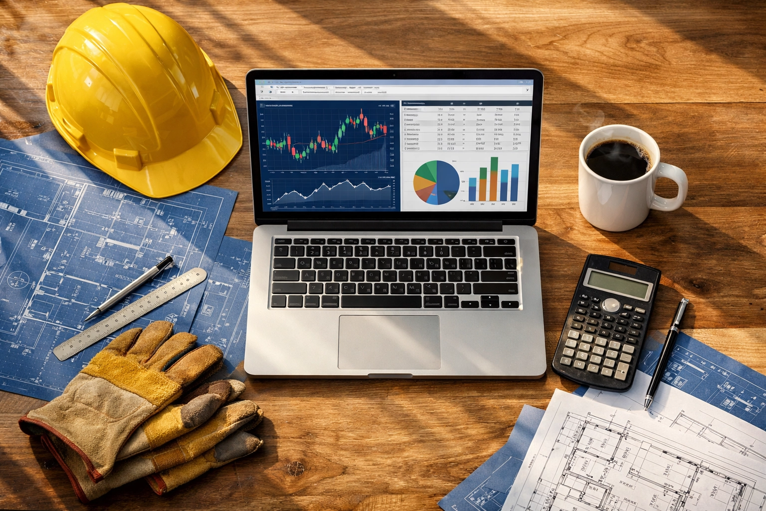 Contractor planning tax strategy with blueprints and financial documents on desk