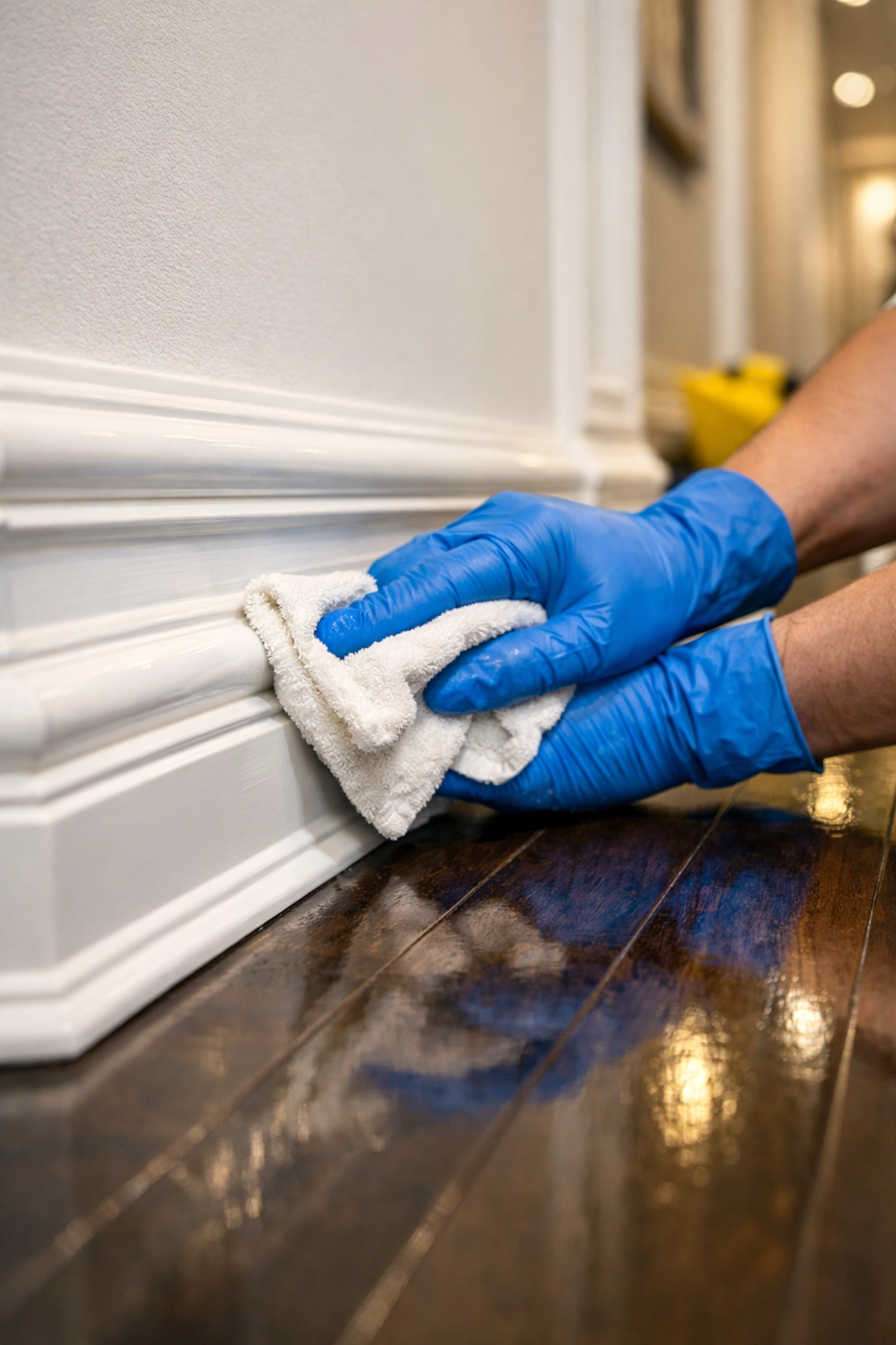 Professional hand cleaning white crown-molded baseboards as part of deep cleaning in Lexington MA.