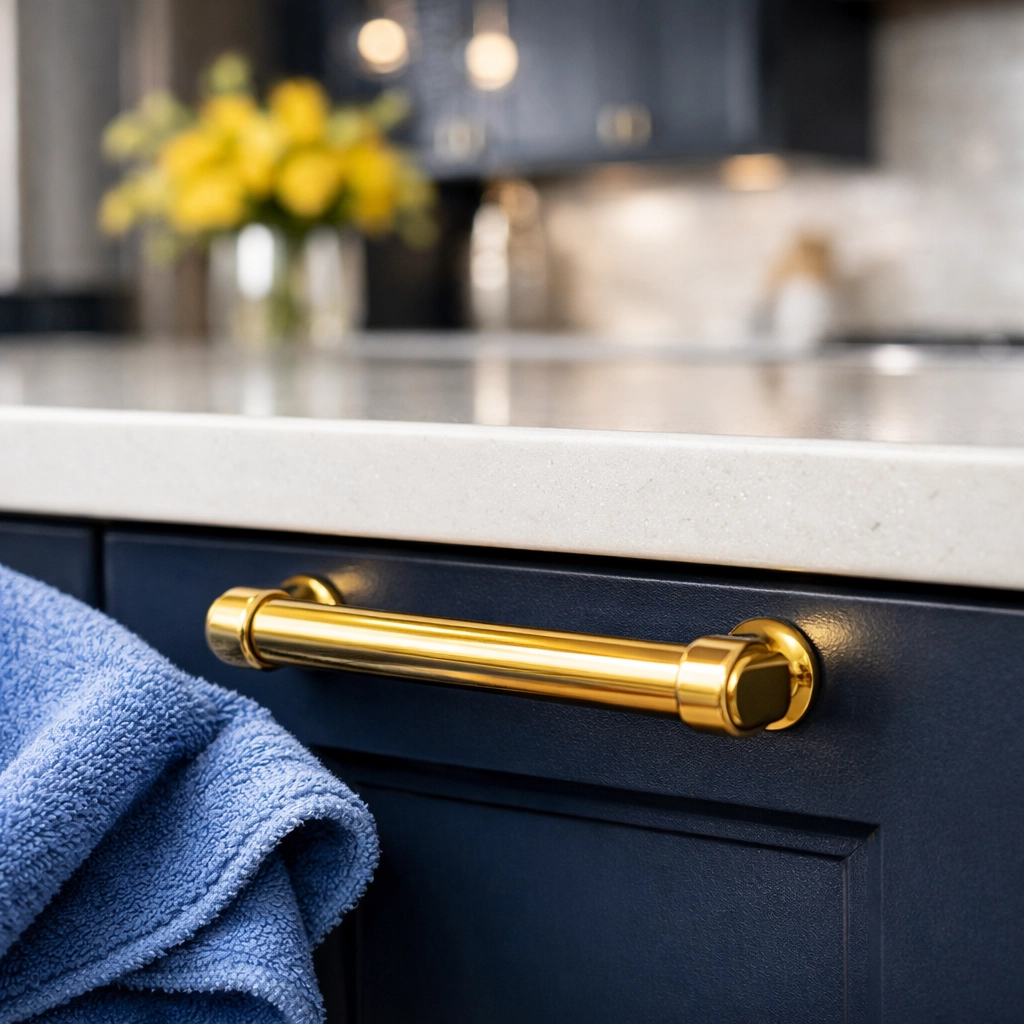 A clean kitchen cabinet handle and quartz countertop following deep post-construction cleaning services in Framingham.