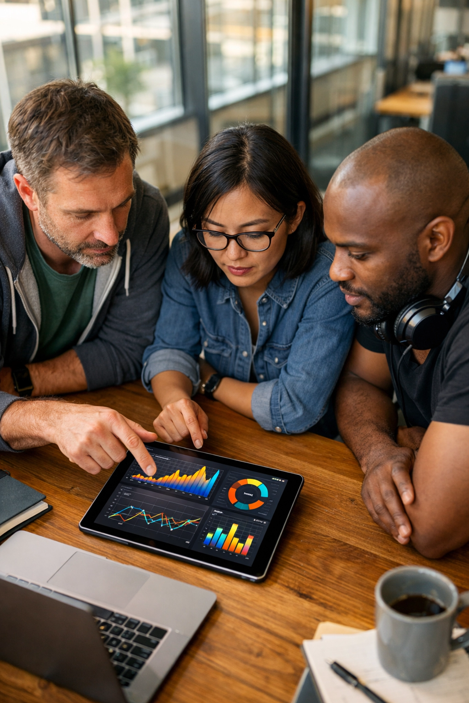 ServiceNow implementation partner team analyzing performance data and ROI benchmarks in a modern office.