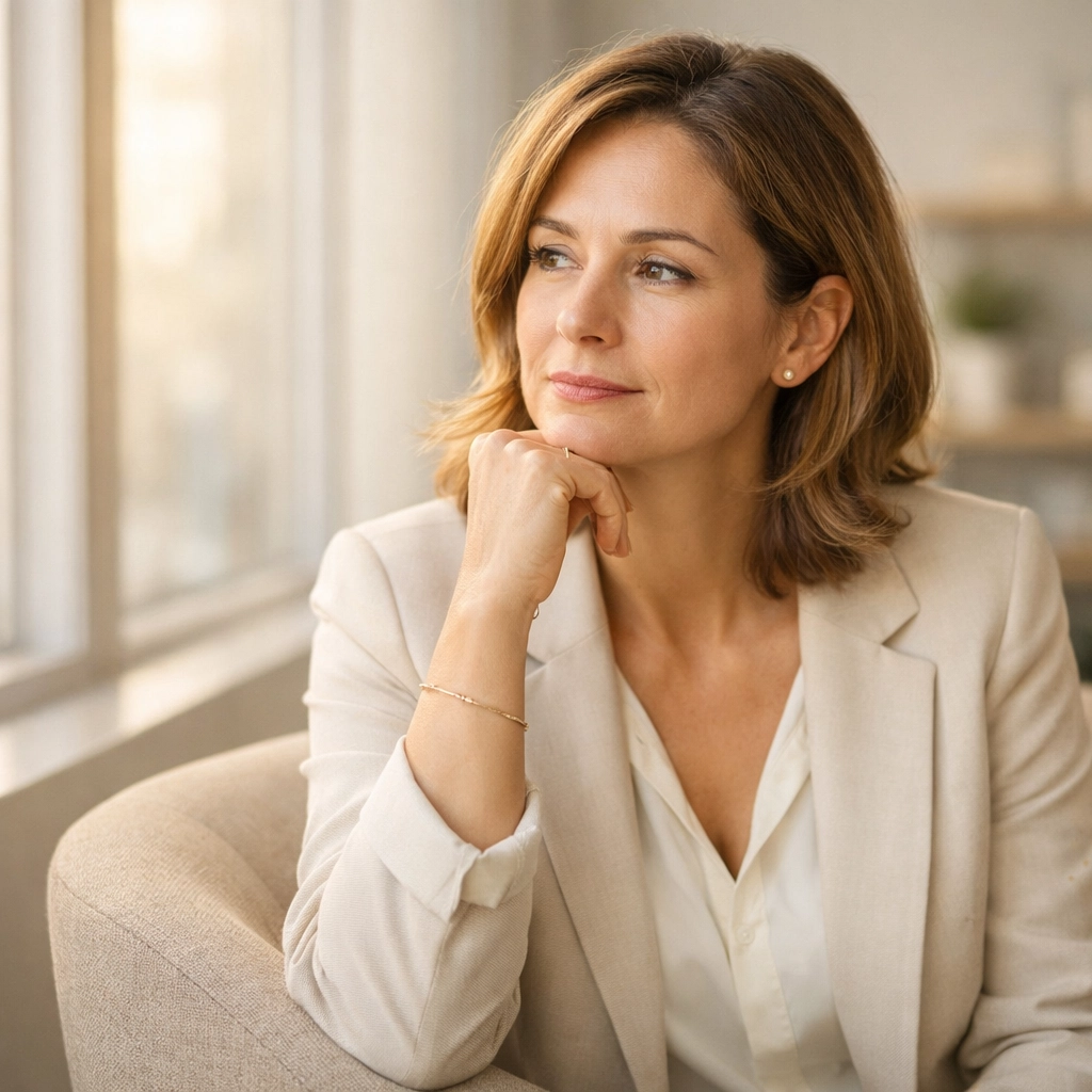 A professional woman in reflection, overcoming the fraud of imposter syndrome through confidence coaching for women.