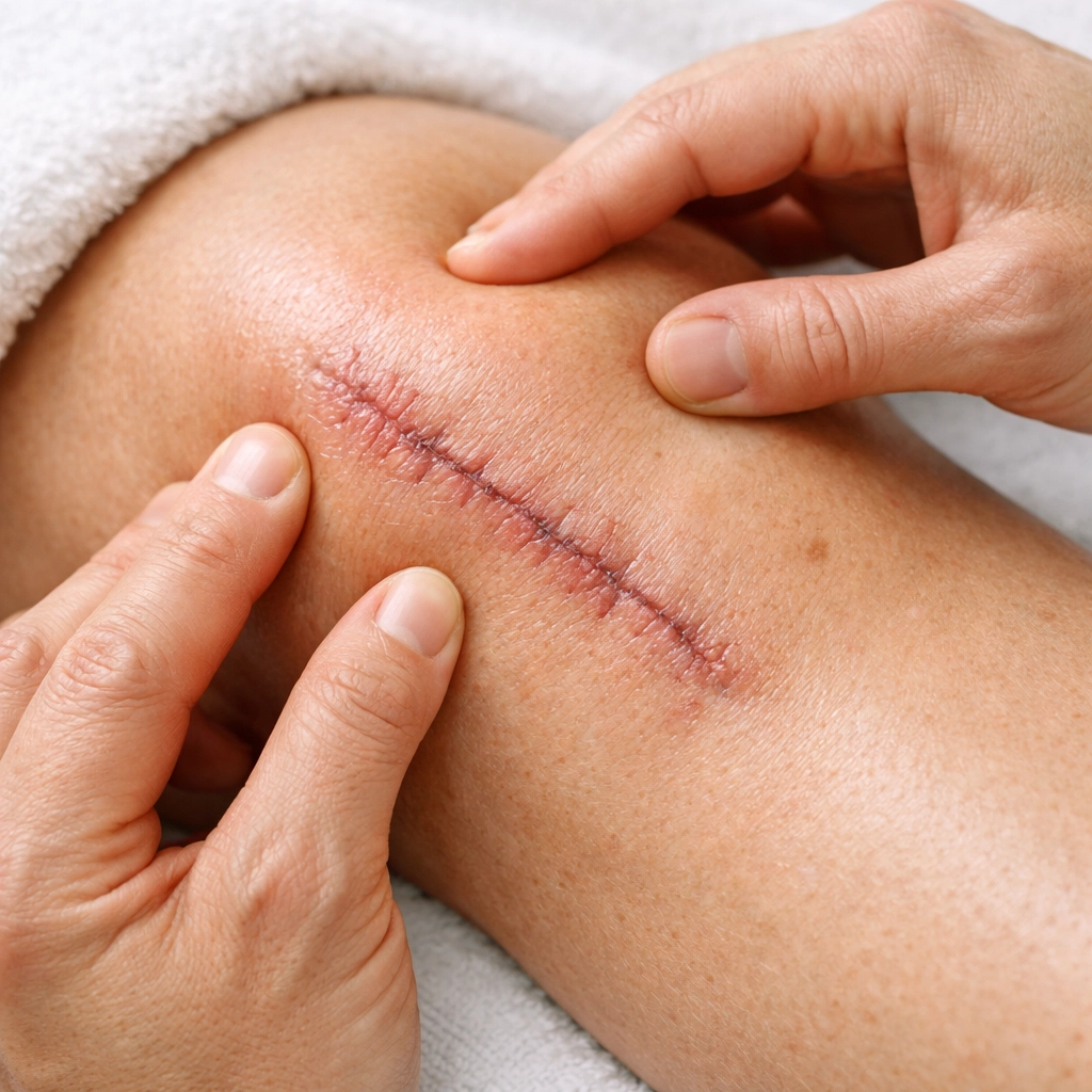 Close-up of hands performing myofascial release on post-surgical scar tissue for recovery