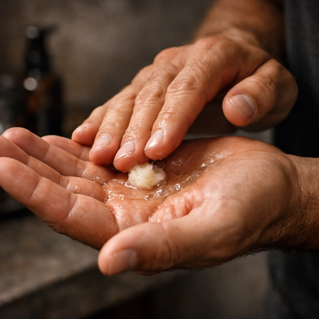 Man's hands emulsifying a small amount of creamy beard butter during a daily grooming routine.