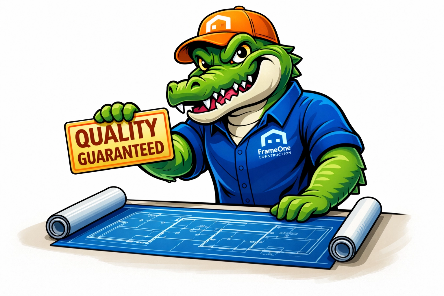 Al E. Gator (blue FrameOne shirt, orange hat) reviewing a blueprint and holding a 'QUALITY GUARANTEED' sign.