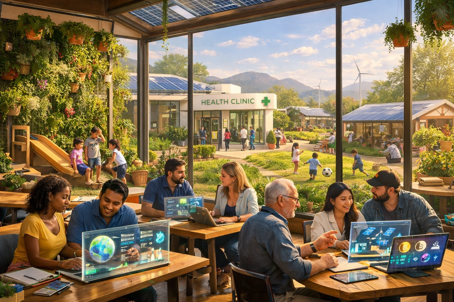 Eco-friendly community hub showing the real-world benefits of a decentralized economy and global relief efforts.