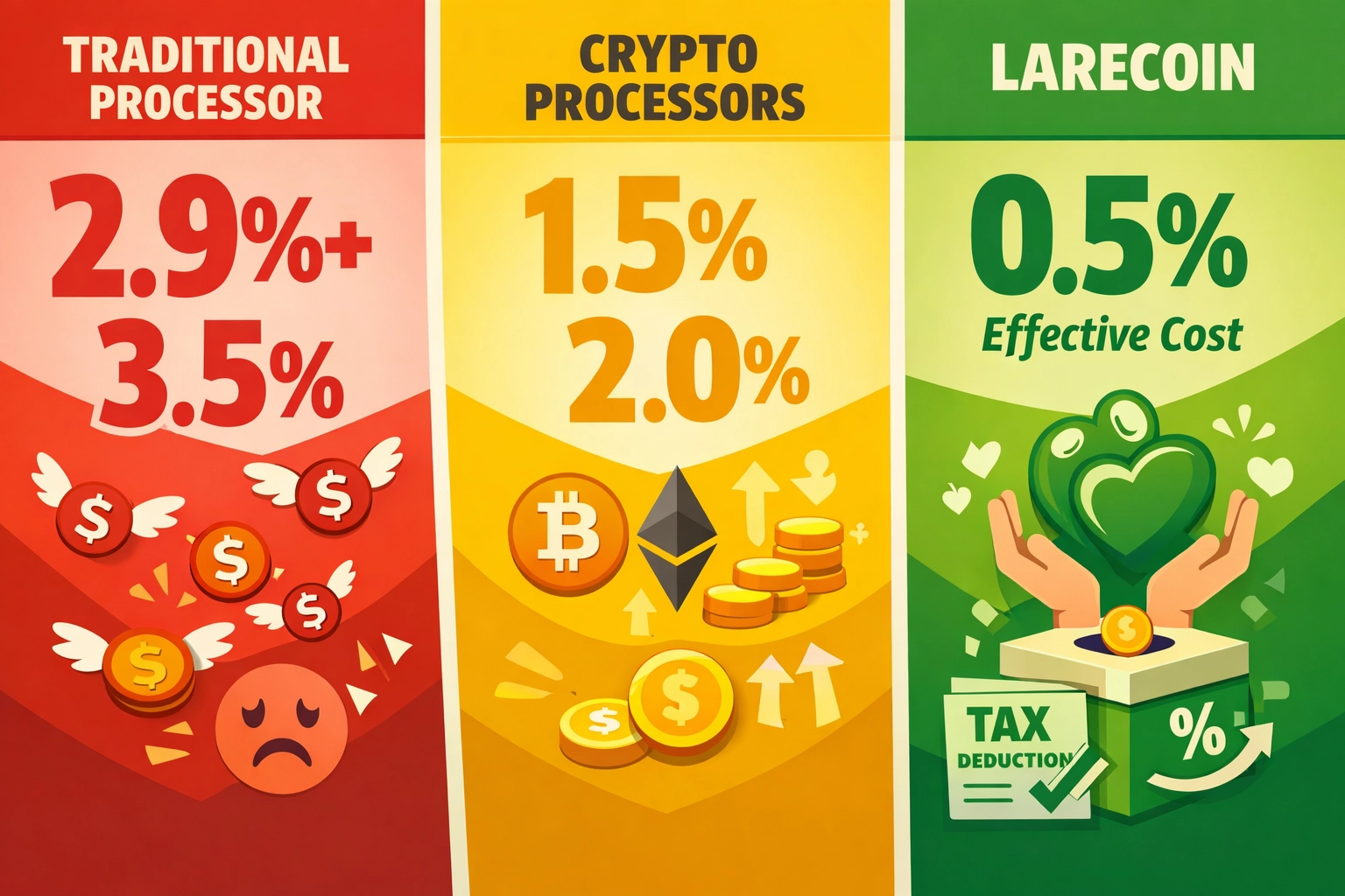 Payment processor fee comparison: traditional 2.9% vs Larecoin 2.0% with tax benefits