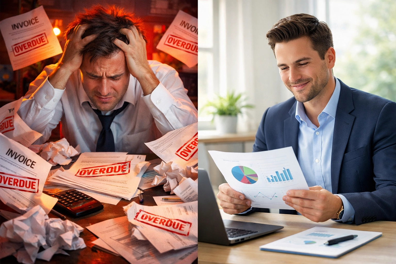 Contrast between hidden fee chaos and transparent procurement logistics clarity