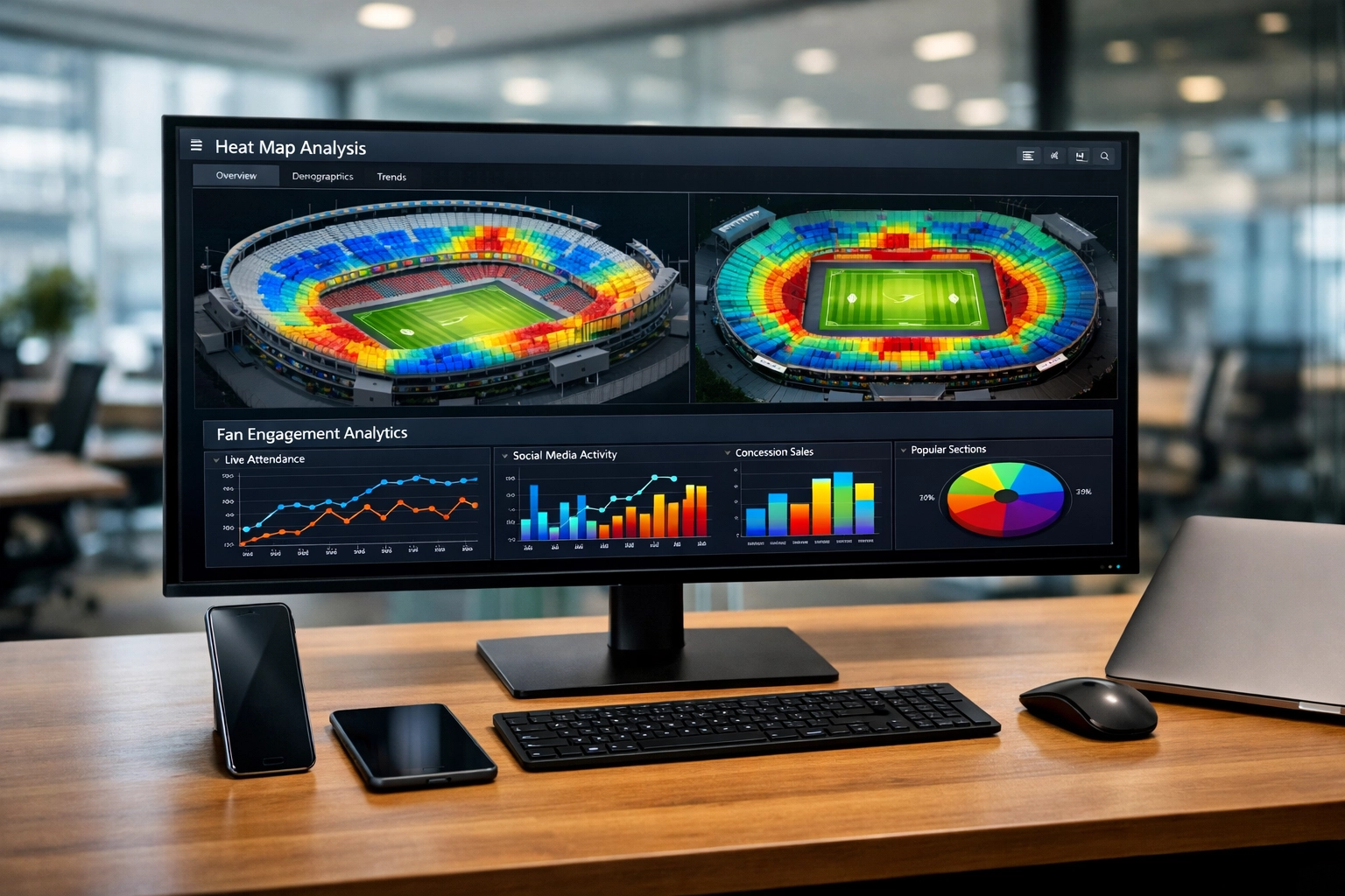Modern office workstation showing a sports marketing data dashboard with fan engagement graphs and stadium heat maps.
