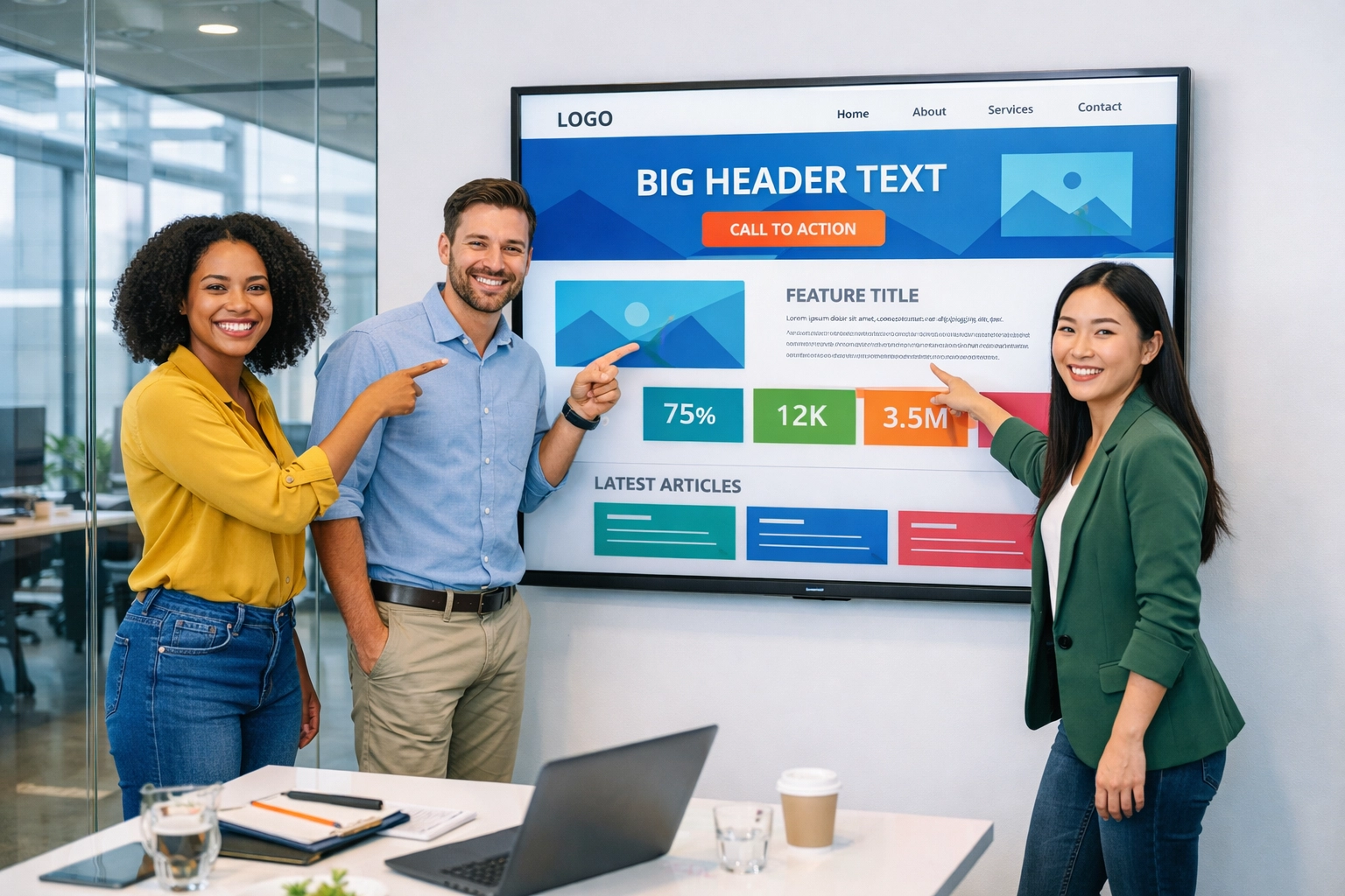 Digital marketing team strategizing on a website wireframe for newspaper digital transformation.