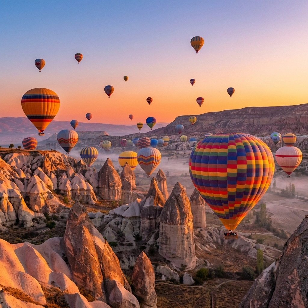 Colorful hot air balloons rising at sunrise over Cappadocia's fairy chimneys, ideal for adventurous couples