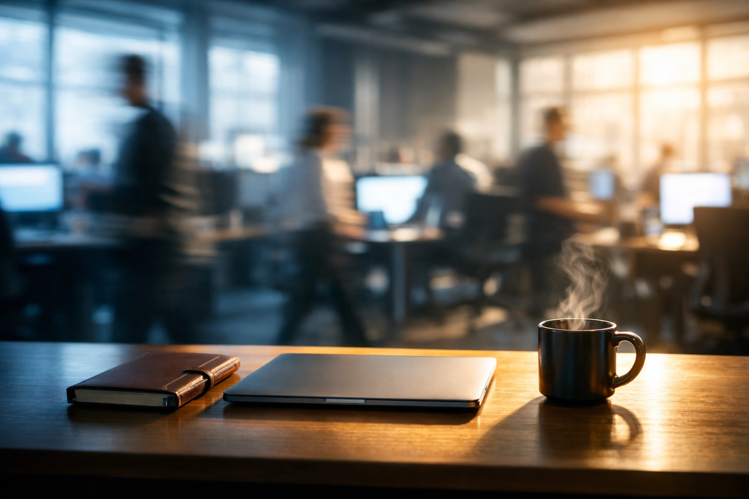 Quiet desk with a journal in a sunlit office, capturing a moment of peace during a midday pivot.