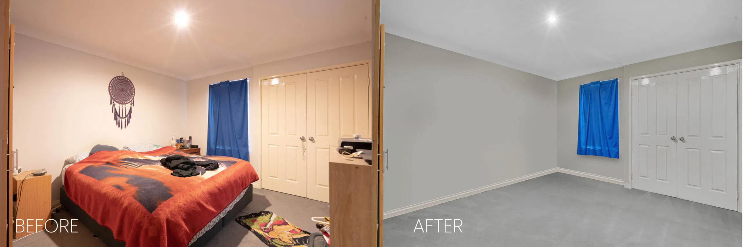 Side-by-side comparison showing a bedroom before and after digital decluttering