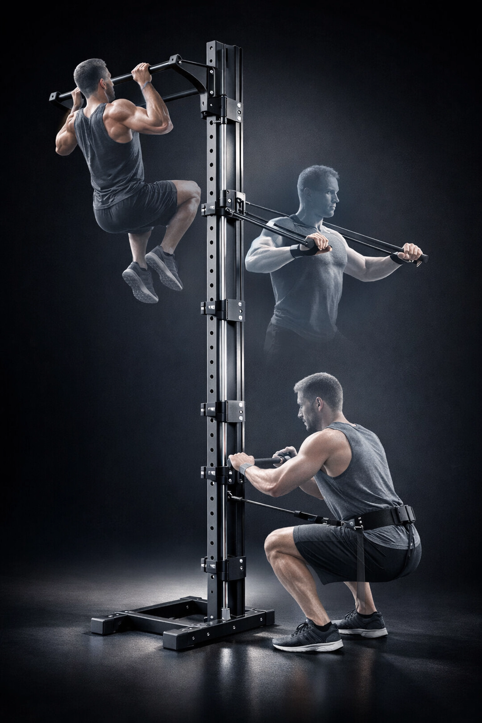 Multi-functional pull up bar alternative showcasing a variety of full body workout at home movements.