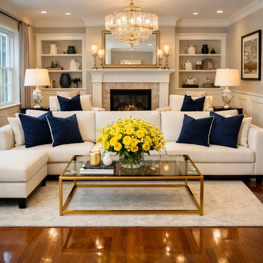 A guest-ready living room in Needham after a professional luxury house cleaning service session.