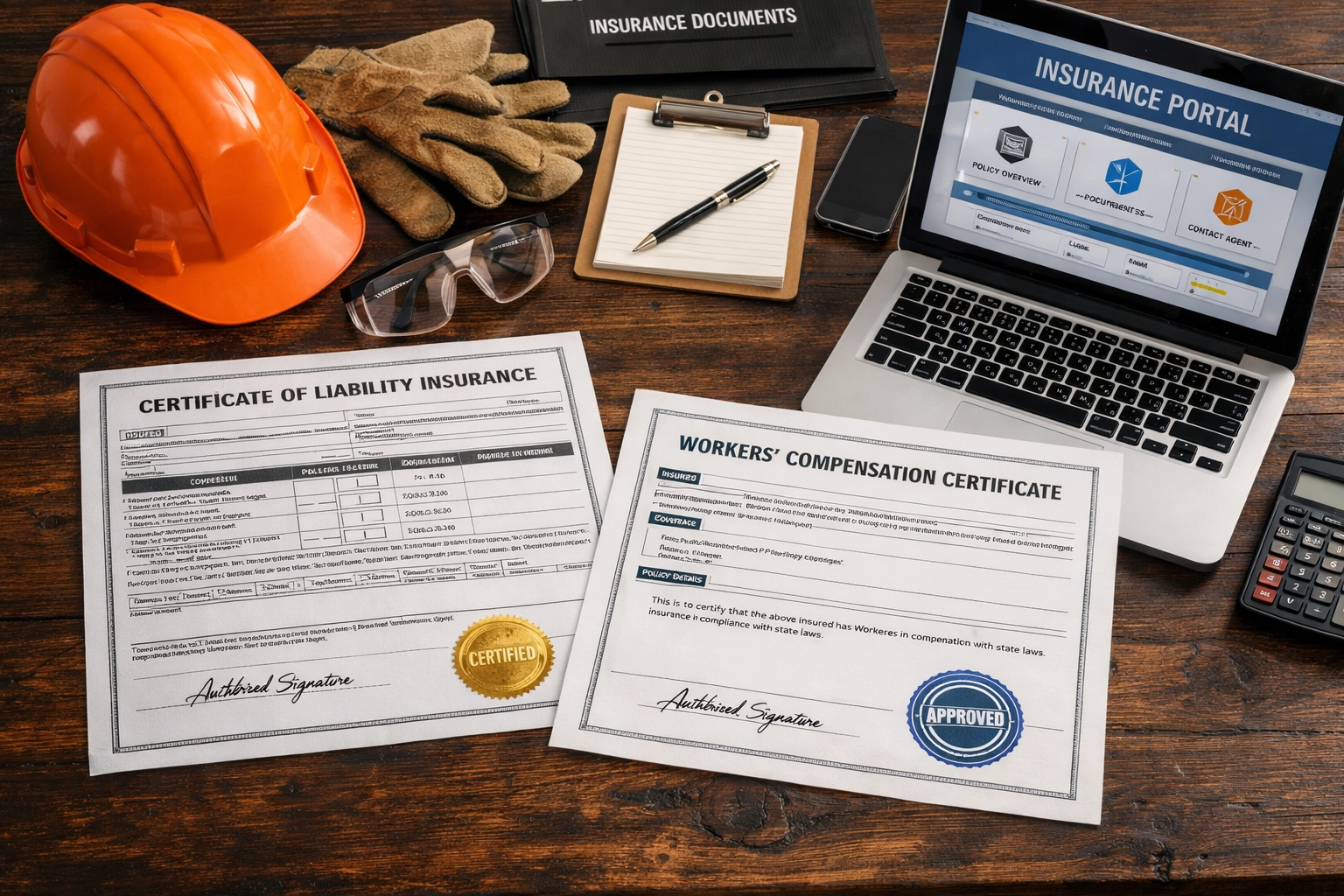 Insurance certificates and documentation on contractor's desk with safety equipment