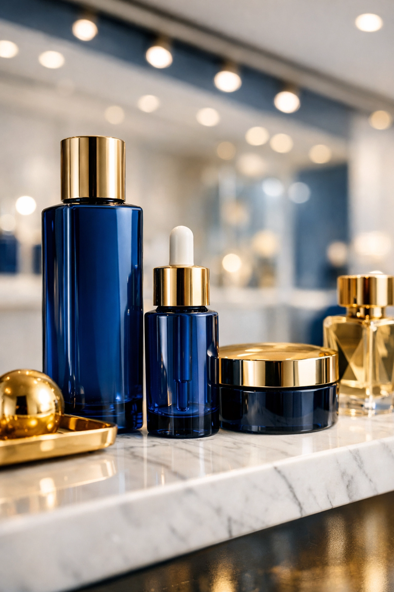 Dust-free luxury retail display on a clean marble shelf in an upscale Brookline boutique.