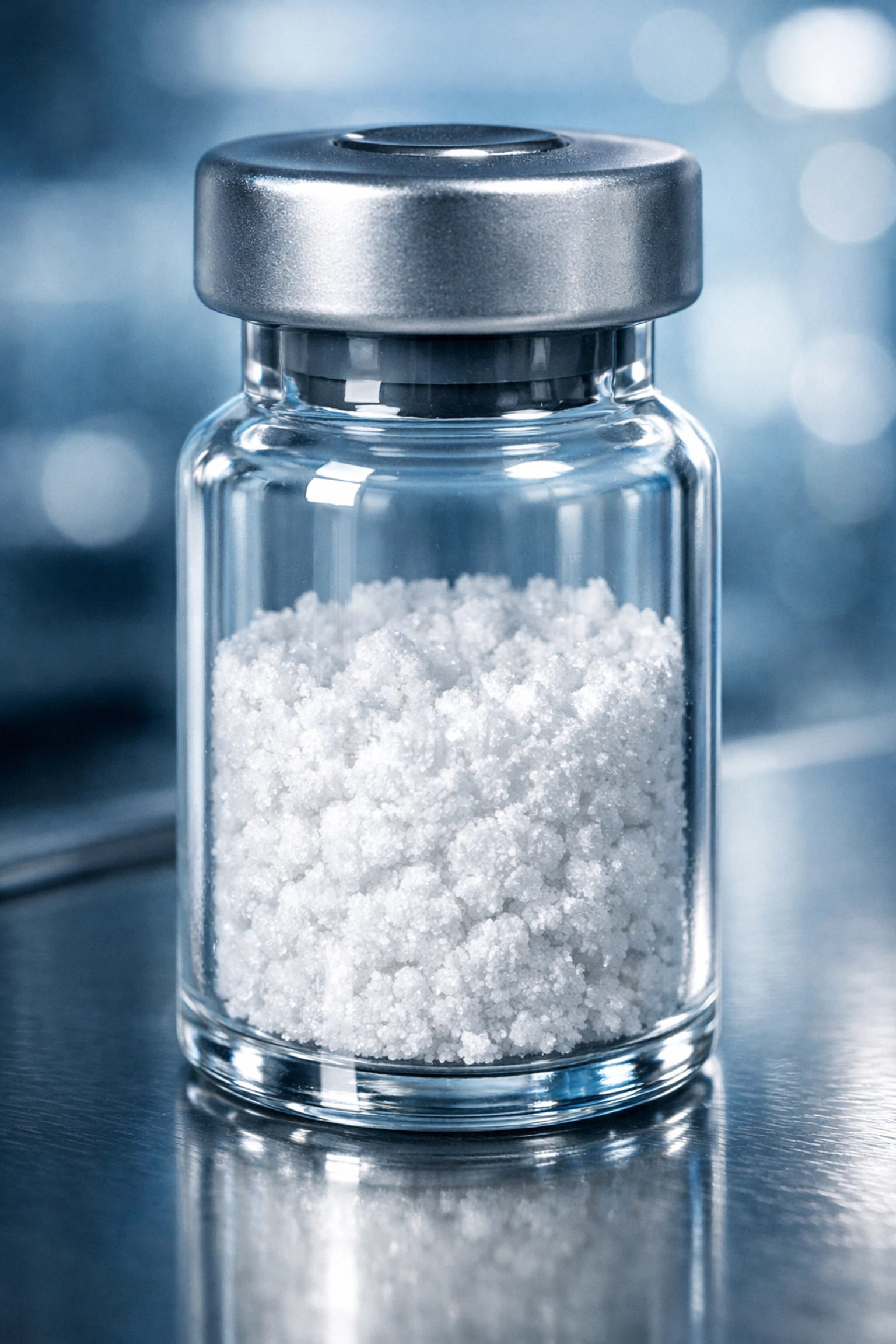 Close-up of a high-purity lyophilized semaglutide vial used in professional medical weight loss treatments.