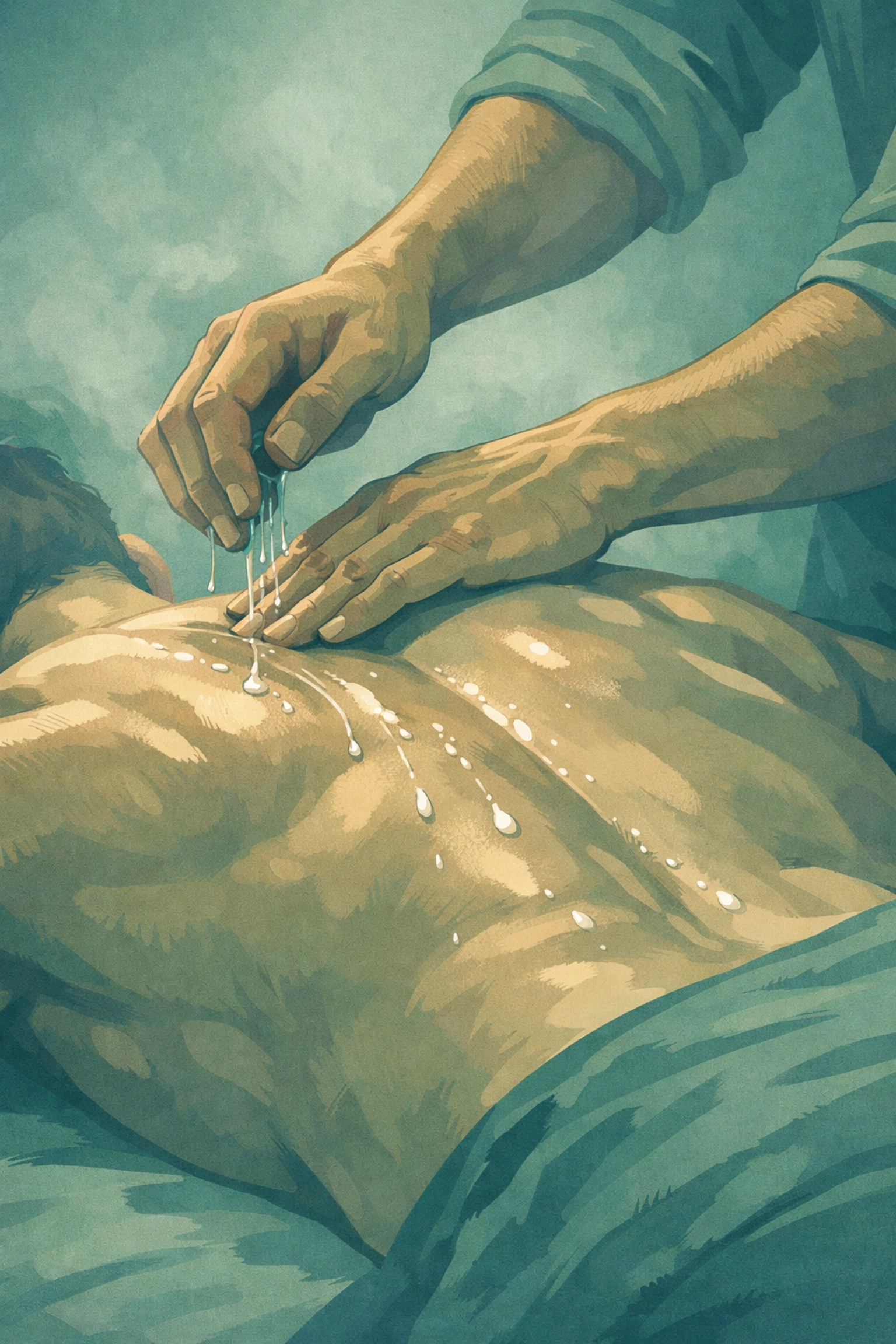 Hands applying massage oil to muscular male back in sauna