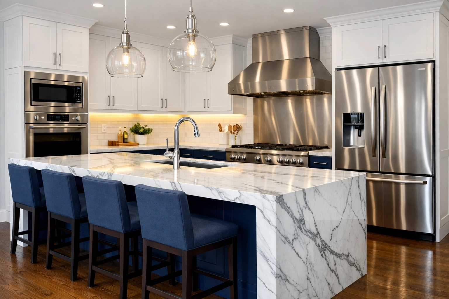 Post construction cleaning in a Westford kitchen showing a spotless marble island and gleaming appliances.