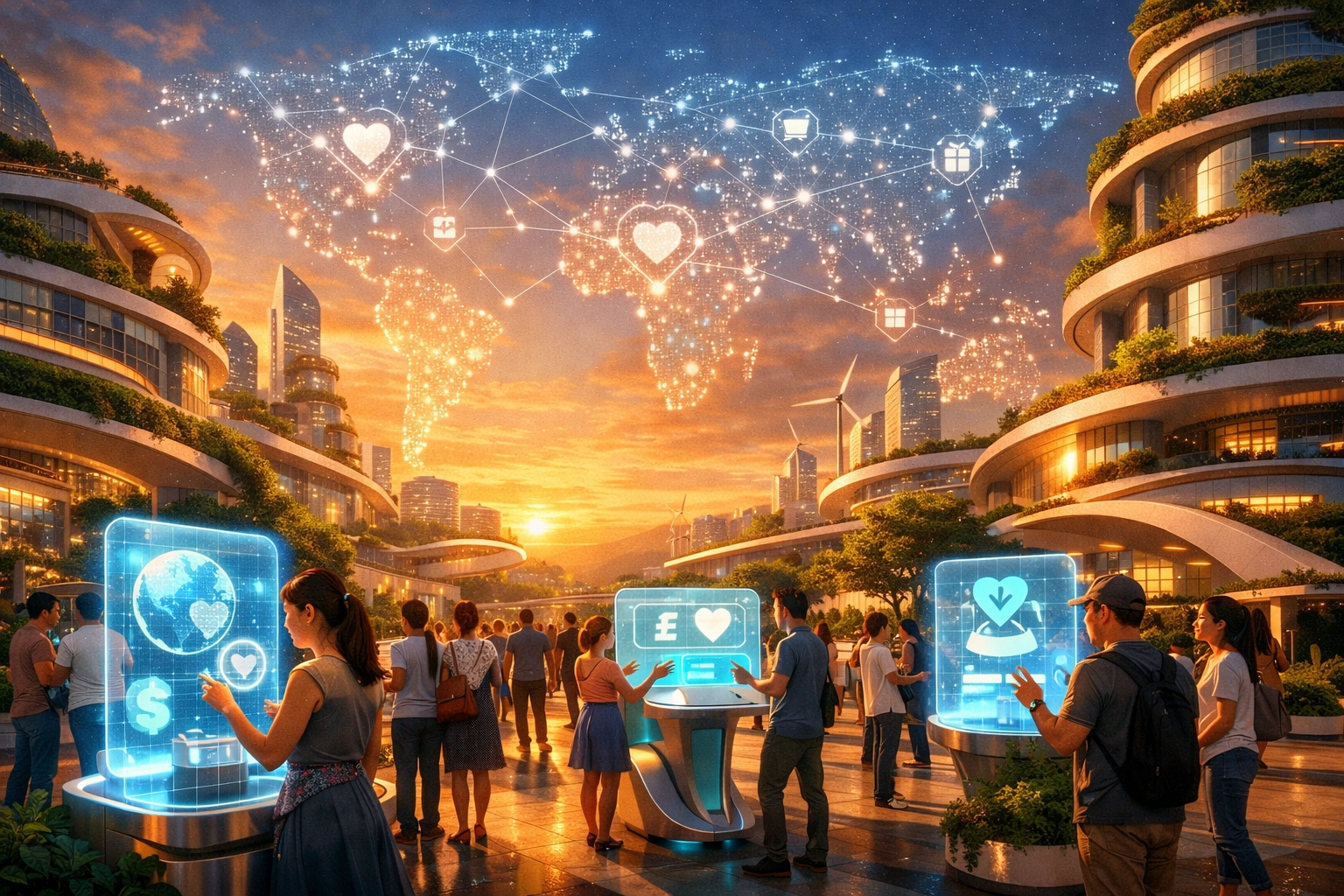 Futuristic smart city representing a world powered by Larecoin payments and global social impact.